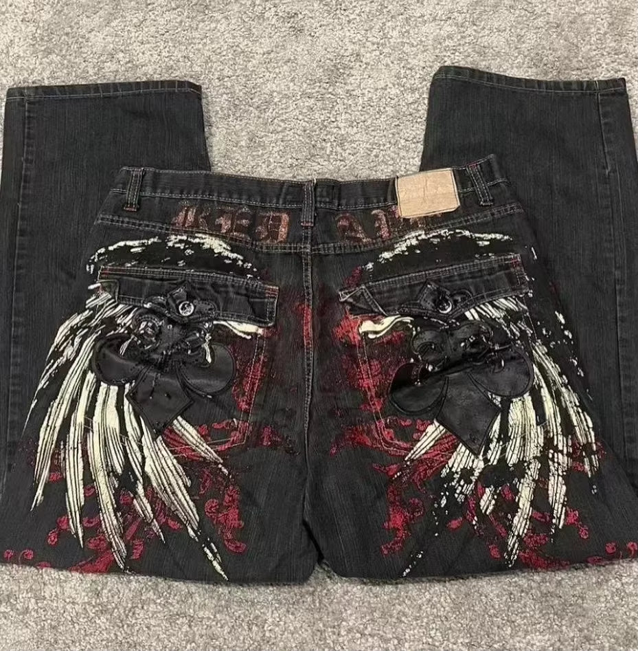 Y2K Jeans New Harajuku Hip Hop Retro Skull Graphic Embroidered Baggy Jeans Denim Pants Men Women Goth High Waist Wide Trousers
