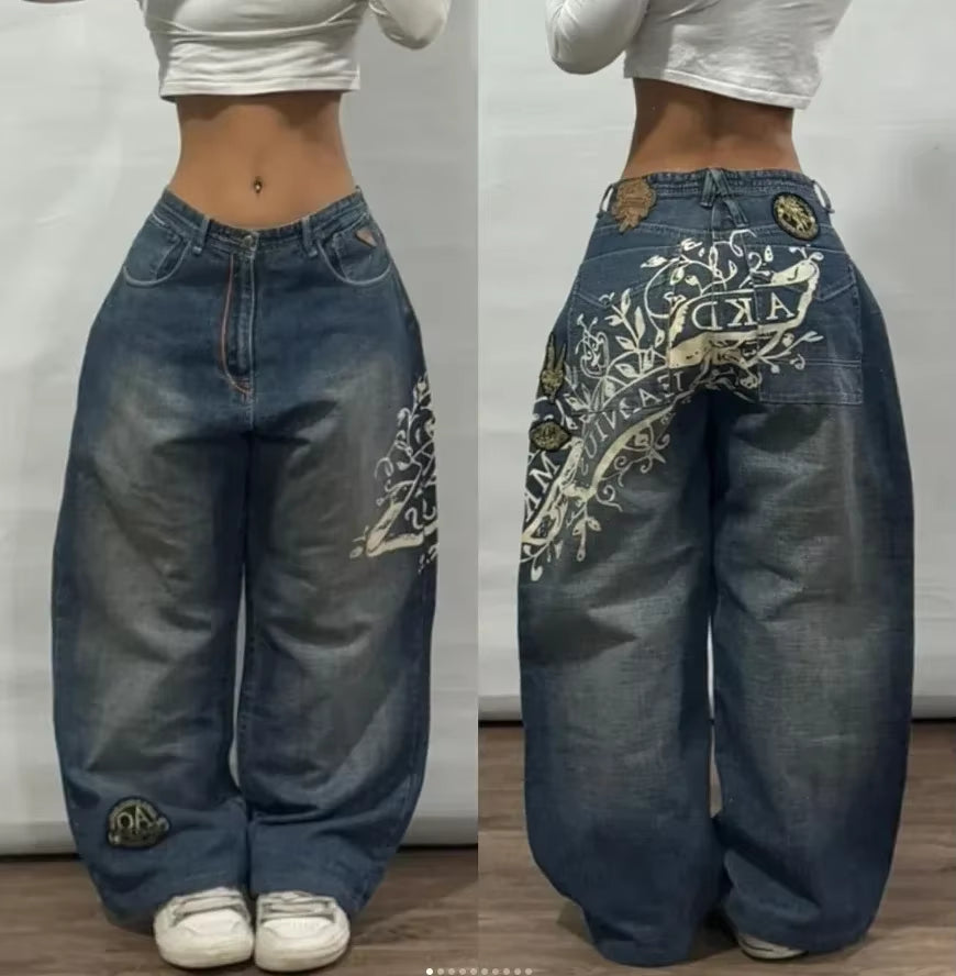 Y2K Jeans New Harajuku Hip Hop Retro Skull Graphic Embroidered Baggy Jeans Denim Pants Men Women Goth High Waist Wide Trousers