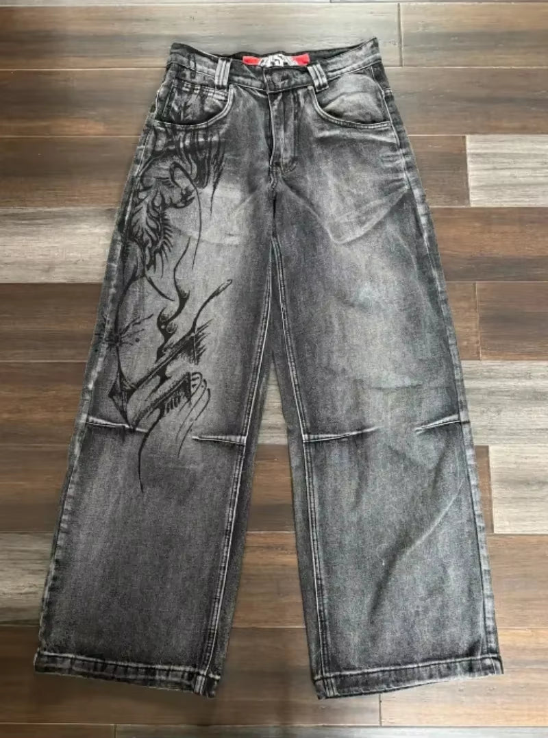 Y2K Jeans New Harajuku Hip Hop Retro Skull Graphic Embroidered Baggy Jeans Denim Pants Men Women Goth High Waist Wide Trousers