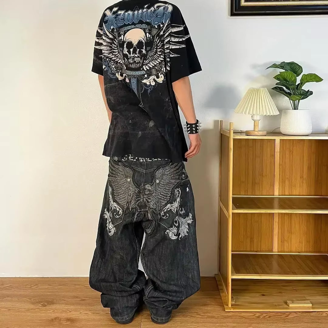 Y2K Jeans New Harajuku Hip Hop Retro Skull Graphic Embroidered Baggy Jeans Denim Pants Men Women Goth High Waist Wide Trousers