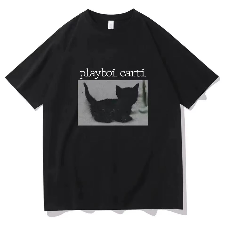 Playboi Carti Oversized Hip-Hop T Shirts Cute Cat Harajuku Print Tee Regular Mens Tops Quality Rapper Tshirt 80031