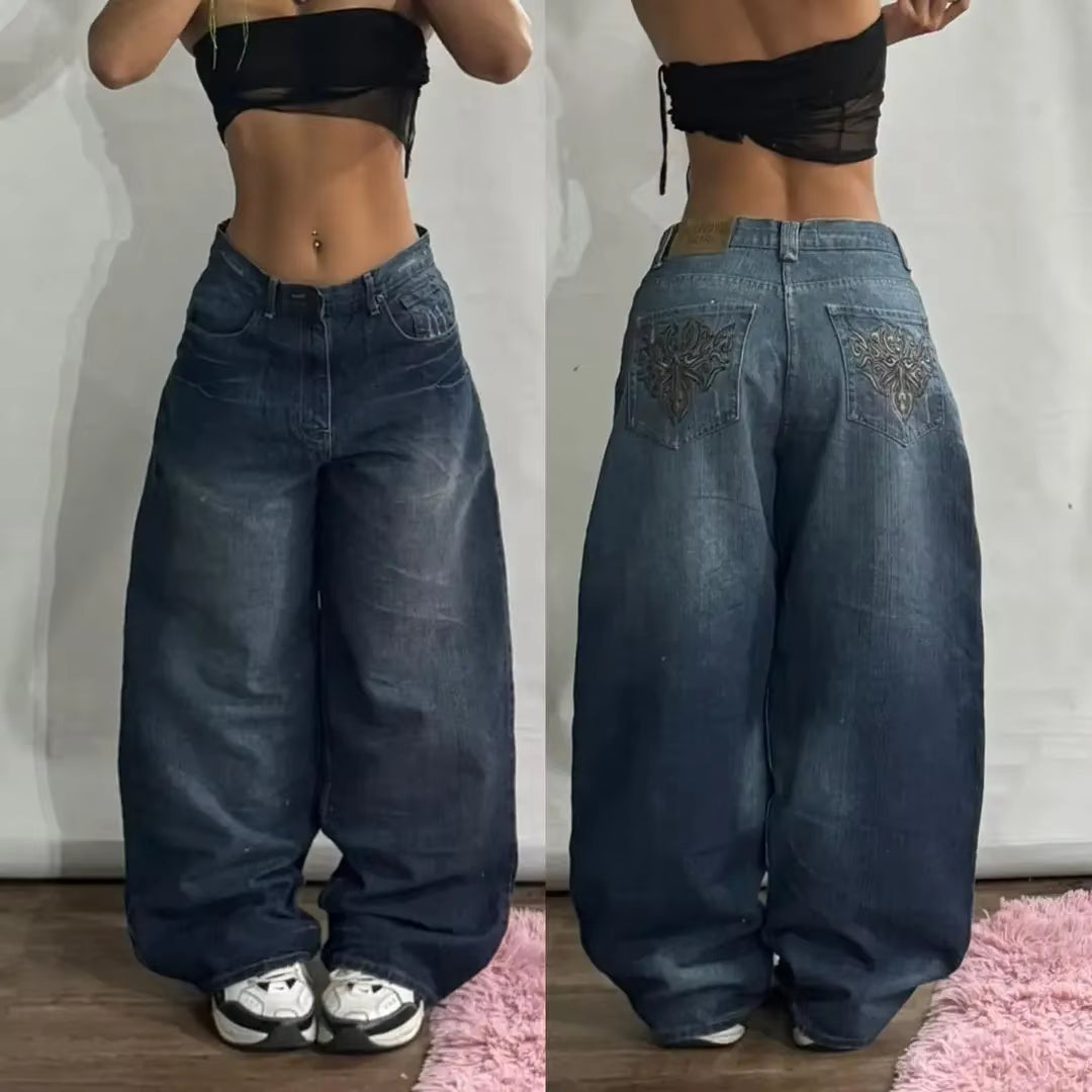 Y2K Jeans New Harajuku Hip Hop Retro Skull Graphic Embroidered Baggy Jeans Denim Pants Men Women Goth High Waist Wide Trousers