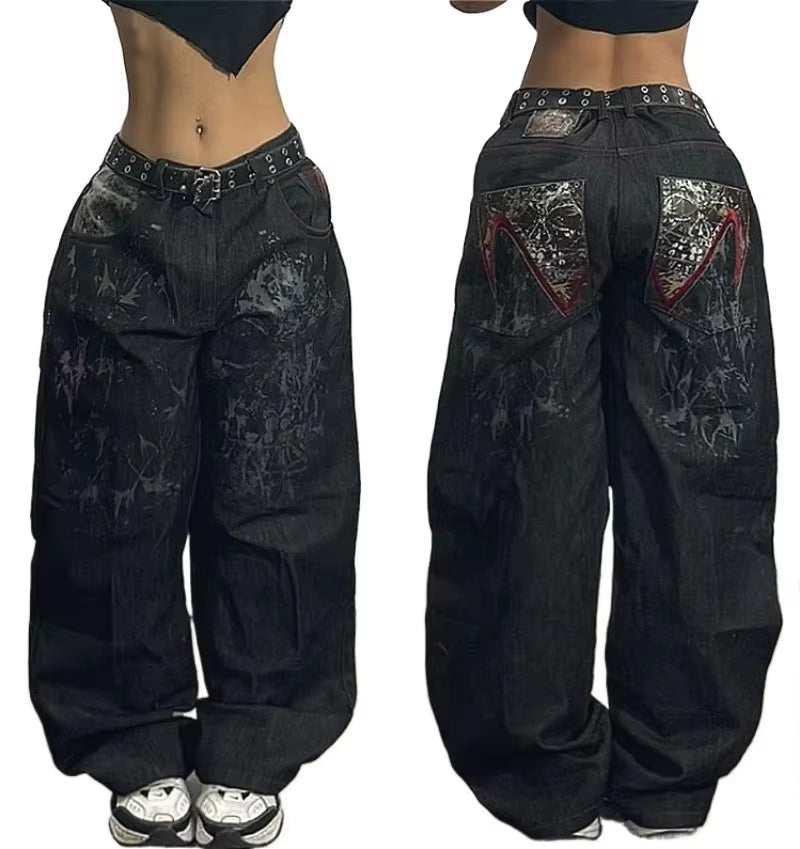 Y2K Jeans New Harajuku Hip Hop Retro Skull Graphic Embroidered Baggy Jeans Denim Pants Men Women Goth High Waist Wide Trousers