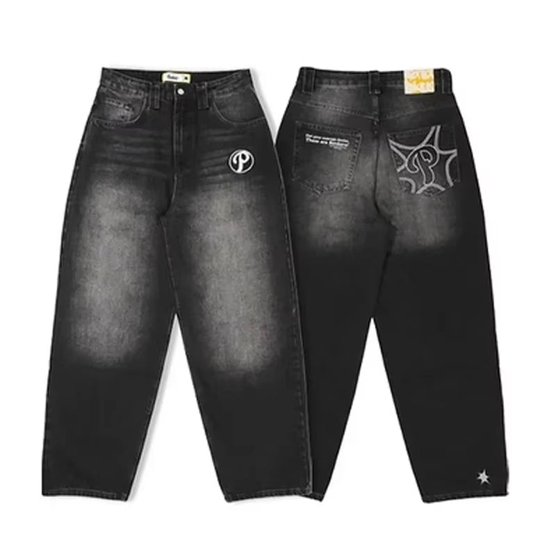 Y2K Jeans New Harajuku Hip Hop Retro Skull Graphic Embroidered Baggy Jeans Denim Pants Men Women Goth High Waist Wide Trousers