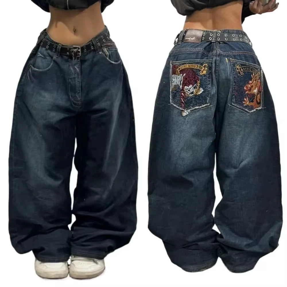 Y2K Jeans New Harajuku Hip Hop Retro Skull Graphic Embroidered Baggy Jeans Denim Pants Men Women Goth High Waist Wide Trousers