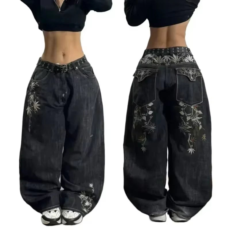 Y2K Jeans New Harajuku Hip Hop Retro Skull Graphic Embroidered Baggy Jeans Denim Pants Men Women Goth High Waist Wide Trousers